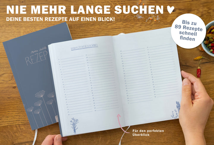 Rezeptbuch A5 zum Selberschreiben - Meine liebsten Rezepte | DIY Kochbuch, Backbuch, Geschenkidee | Blau Rosa Blumen Design, FSC Papier, Softcover