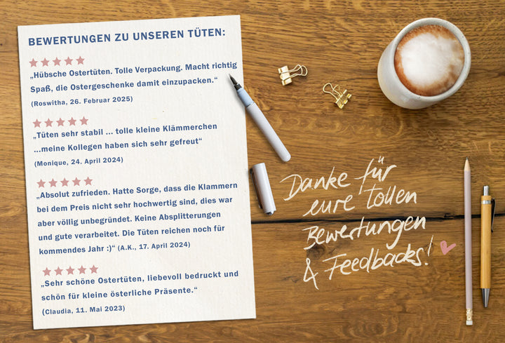 24 Ostertüten - vom Osterhasen gebracht | Osternest Alternative für Ostergrüße, Mitgebsel & Giveaways | 16,5 cm x 24 cm | inkl. 24 FSC Holz Miniklammern