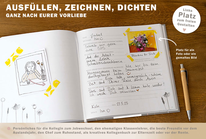 Abschiedsbuch für Kollegen, Lehrer, Freunde - Es war schön mit dir! - Abschiedsgeschenk, grau beige, 92 blanko Seiten, Hardcover, 120g FSC-Papier