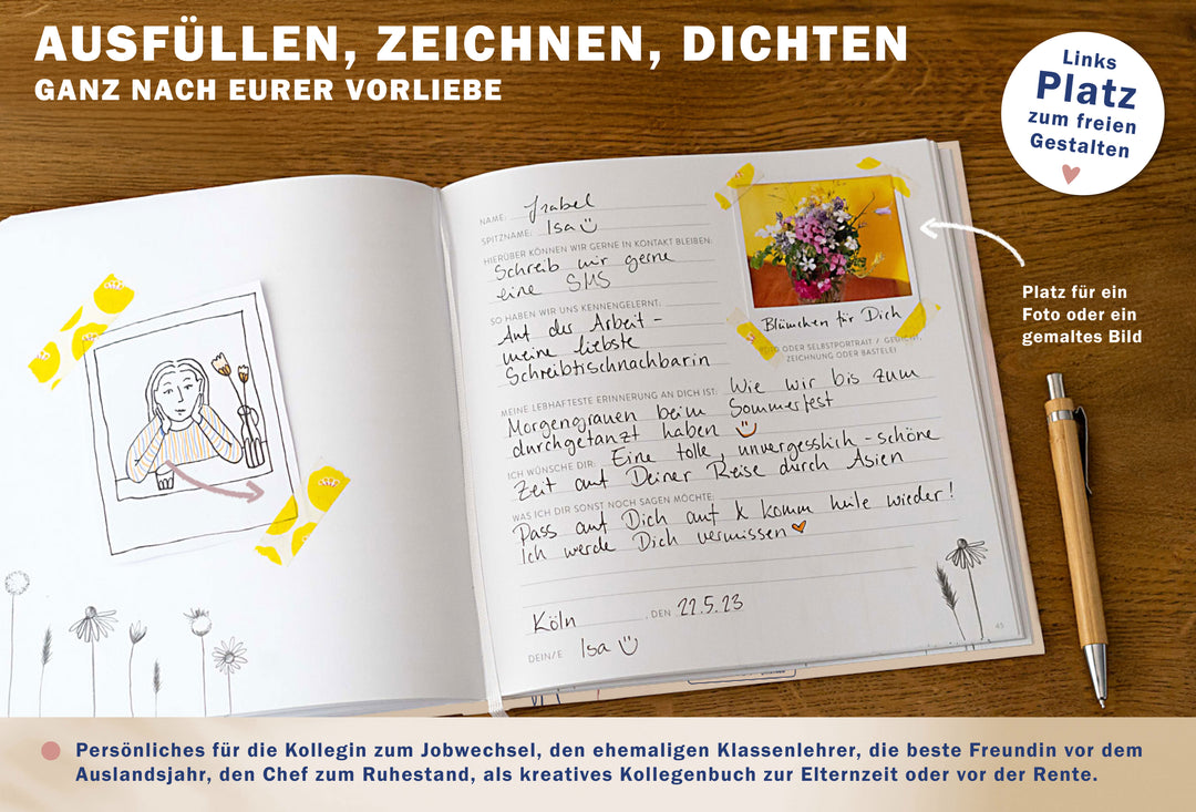 Abschiedsbuch für Kollegen, Freunde - wir werden dich vermissen - Abschiedsgeschenk, creme rosa blau, 92 blanko Seiten, Hardcover, 120g FSC Papier