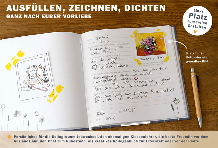 Abschiedsbuch für Kollegen, Lehrer, Freunde - Es war schön mit dir! - Abschiedsgeschenk, blau weiß orange, 92 blanko Seiten, Hardcover, 120g FSC Papier