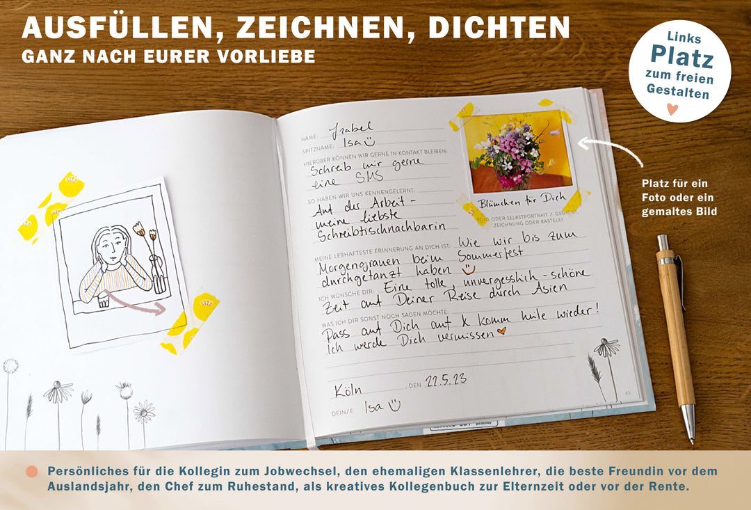 Abschiedsbuch für Kollegen, Freunde - wir werden dich vermissen - Abschiedsgeschenk, weiß türkis korall, 92 blanko Seiten, Hardcover, 120g FSC Papier