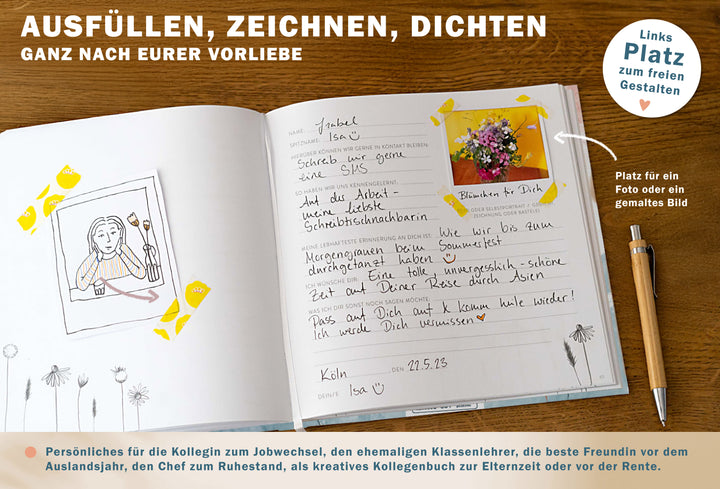 Abschiedsbuch für Kollegen, Freunde - wir werden dich vermissen - Abschiedsgeschenk, weiß türkis korall, 92 blanko Seiten, Hardcover, 120g FSC Papier