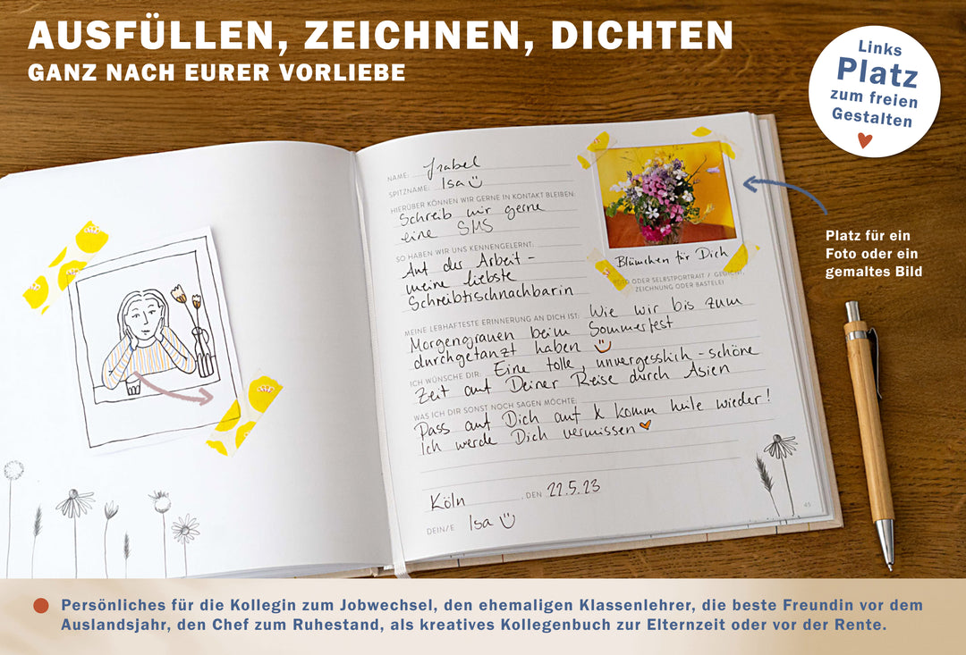Abschiedsbuch für Kollegen, Lehrer, Freunde - Es war schön mit dir! - Abschiedsgeschenk, creme beige, 92 blanko Seiten, Hardcover, 120g FSC Papier