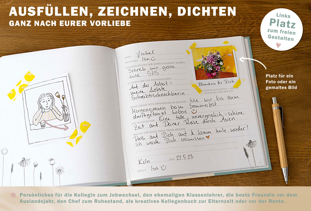 Abschiedsbuch für Kollegen, Lehrer, Freunde - Es war schön mit dir! - Abschiedsgeschenk, mint grün weiß, 92 blanko Seiten, Hardcover, 120g FSC Papier