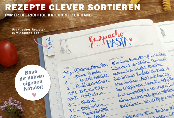Rezeptbuch A5 zum Selberschreiben - Meine liebsten Rezepte | DIY Kochbuch, Backbuch, Geschenkidee | Blau Rosa Blumen Design, FSC Papier, Softcover