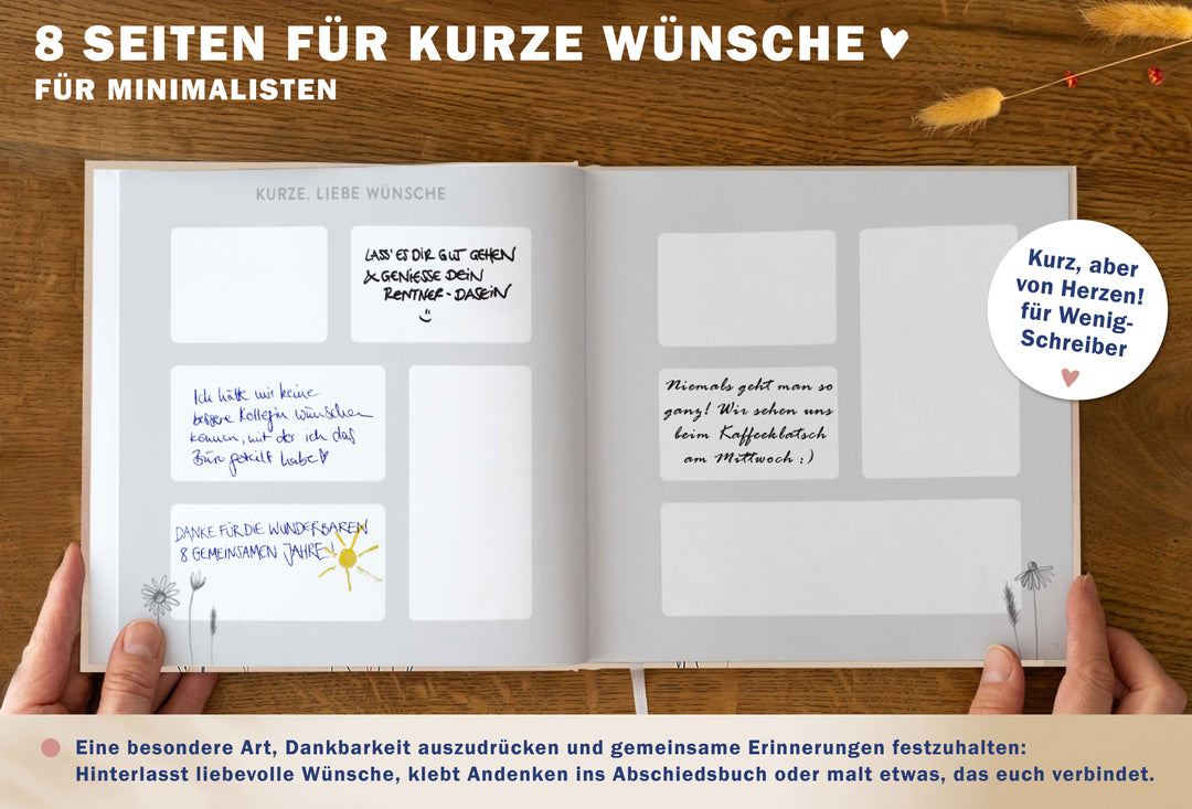 Abschiedsbuch für Kollegen, Freunde - wir werden dich vermissen - Abschiedsgeschenk, creme rosa blau, 92 blanko Seiten, Hardcover, 120g FSC Papier