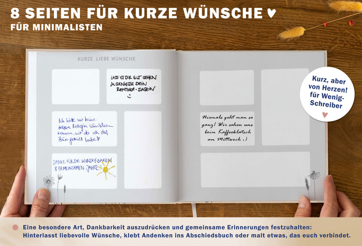 Abschiedsbuch für Kollegen, Freunde - wir werden dich vermissen - Abschiedsgeschenk, creme rosa blau, 92 blanko Seiten, Hardcover, 120g FSC Papier