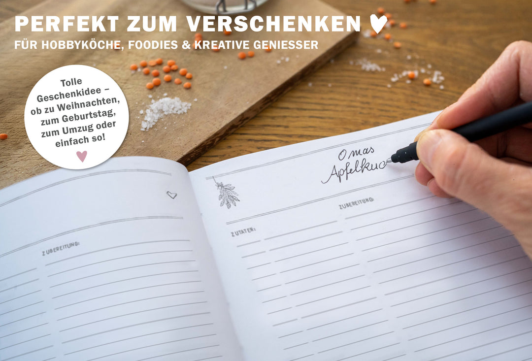 Kleines alles-drin A5 Rezeptbuch zum Selberschreiben | DIY Kochbuch, Backbuch, Geschenkidee | Grün Weiß, FSC-Papier, Softcover