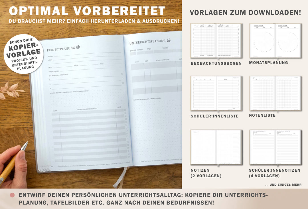 Lehrerkalender 2025 2026 | A5+ Lehrer-Planer für Unterrichtsvorbereitung & Schuljahr Planung | 4 Seiten pro Woche | klimaneutral, Grau Beige