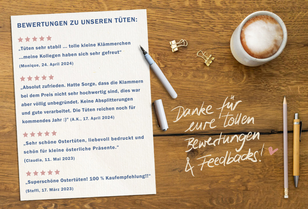 24 Ostertüten - frohe Ostern | Osternest Alternative für Ostergrüße, Mitgebsel & Giveaways | 14 cm x 22 cm | inkl. 24 FSC Holz Miniklammern