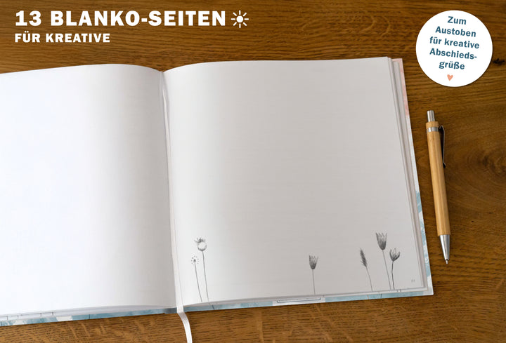 Abschiedsbuch für Kollegen, Freunde - wir werden dich vermissen - Abschiedsgeschenk, weiß türkis korall, 92 blanko Seiten, Hardcover, 120g FSC Papier