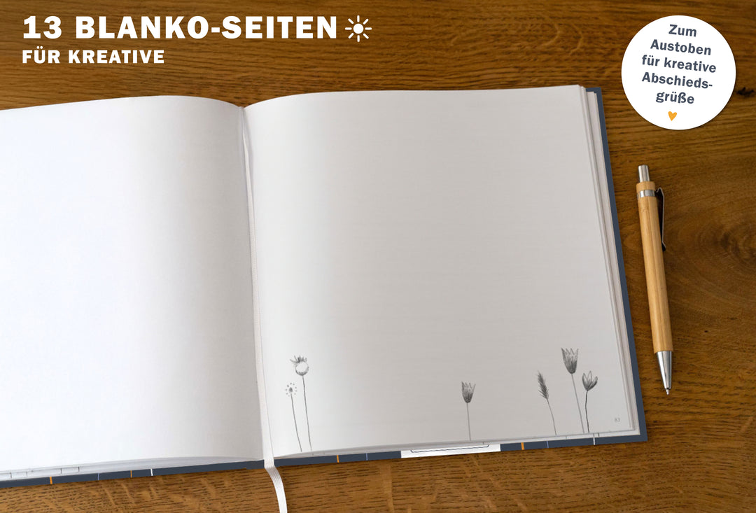 Abschiedsbuch für Kollegen, Lehrer, Freunde - Es war schön mit dir! - Abschiedsgeschenk, blau weiß orange, 92 blanko Seiten, Hardcover, 120g FSC Papier