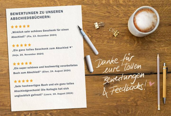 Abschiedsbuch für Kollegen, Lehrer, Freunde - Es war schön mit dir! - Abschiedsgeschenk, blau weiß orange, 92 blanko Seiten, Hardcover, 120g FSC Papier