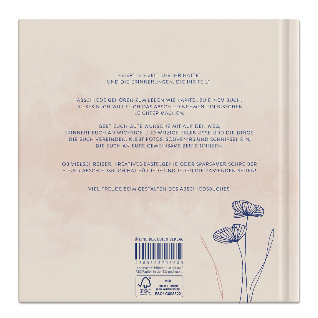 Abschiedsbuch für Kollegen, Freunde - wir werden dich vermissen - Abschiedsgeschenk, creme rosa blau, 92 blanko Seiten, Hardcover, 120g FSC Papier