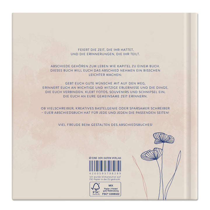 Abschiedsbuch für Kollegen, Freunde - wir werden dich vermissen - Abschiedsgeschenk, creme rosa blau, 92 blanko Seiten, Hardcover, 120g FSC Papier
