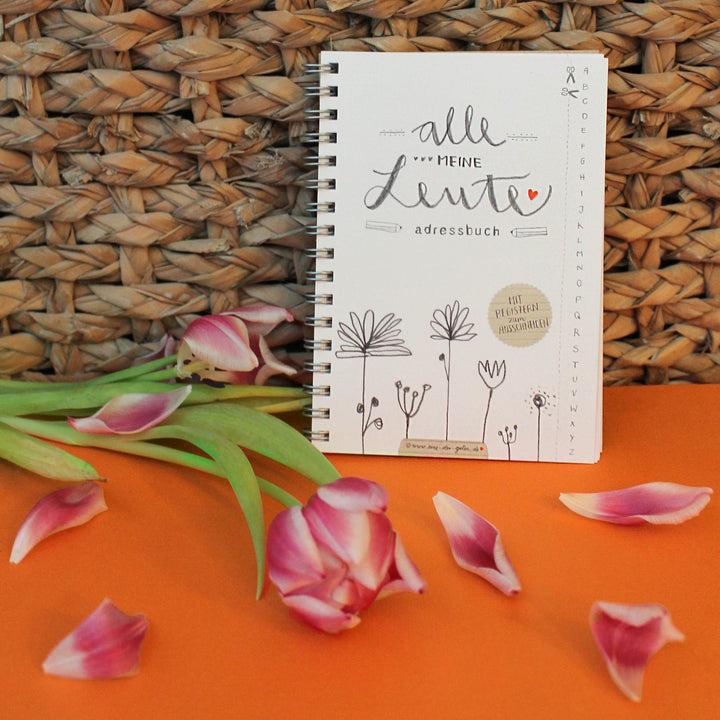 Kleines Adressbuch in A6 - Alle meine Leute | florales Design, mit Reitern, flexibel | Weiß Grau Beige