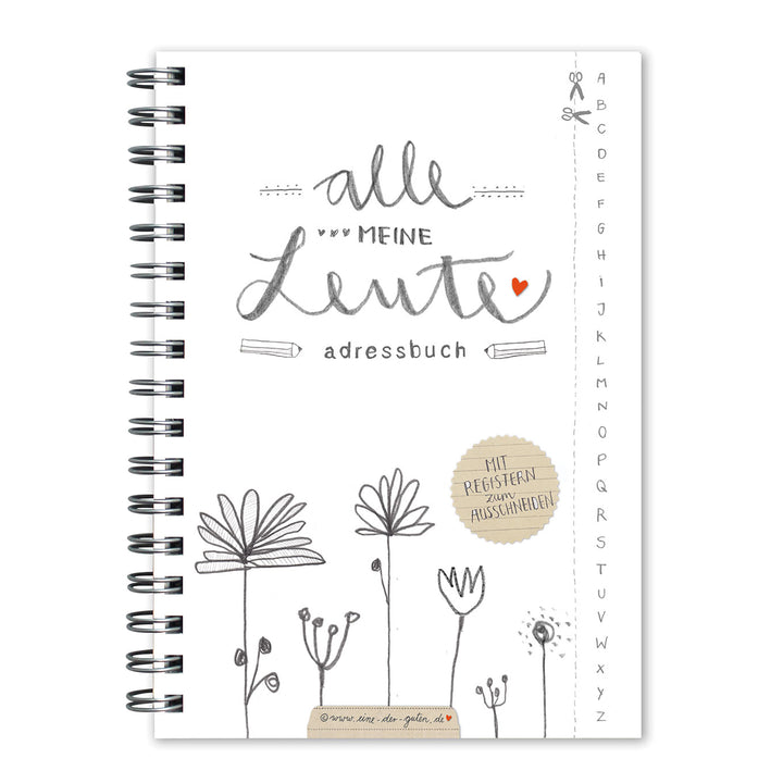 Kleines Adressbuch in A6 - Alle meine Leute | florales Design, mit Reitern, flexibel | Weiß Grau Beige