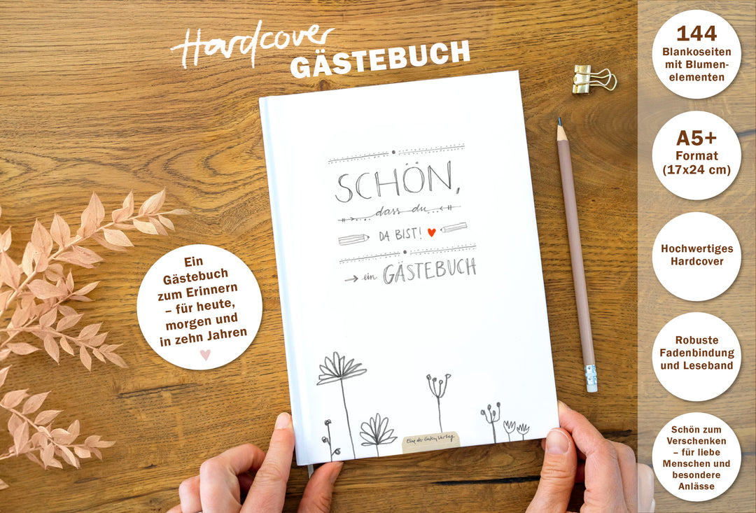Gästebuch Weiß, Hardcover mit blanko Seiten, Handlettering Design Blumen für Hochzeit