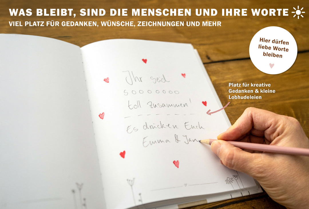 Hochzeitsgästebuch in Weiß Beige Grau Handlettering Design mit Blumen