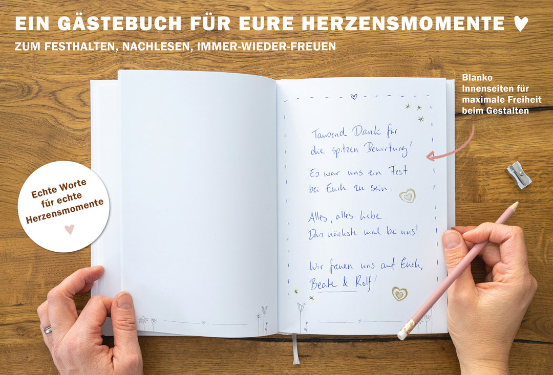 Hochzeitsgästebuch blanko, Grau Weiß Schwarz Handlettering Design mit Blumen