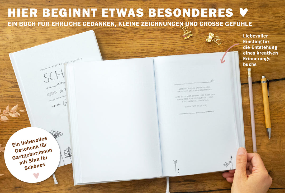 Gästebuch Weiß, Hardcover Hochzeitsgästebuch mit blanko Seiten, Handlettering Blumen Design