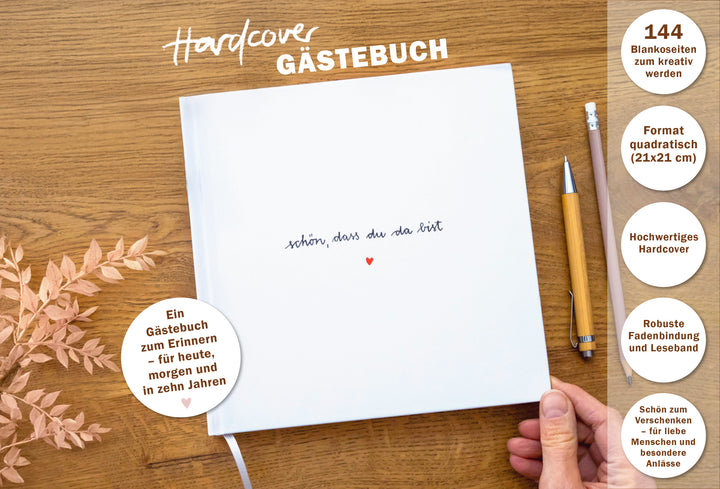Hochzeitsgästebuch quadratisch, Weiß mit Schriftzug im Handlettering Design, Hardcover Gästebuch