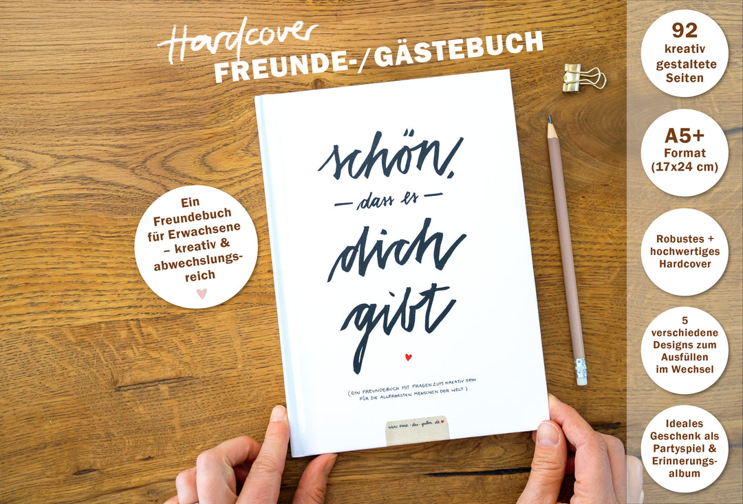 Witziges Gästebuch mit Fragen zum Ausfüllen | Freundebuch für Erwachsene zum Schreiben & Malen | FSC Papier klimaneutral |  Weiß | Hardcover