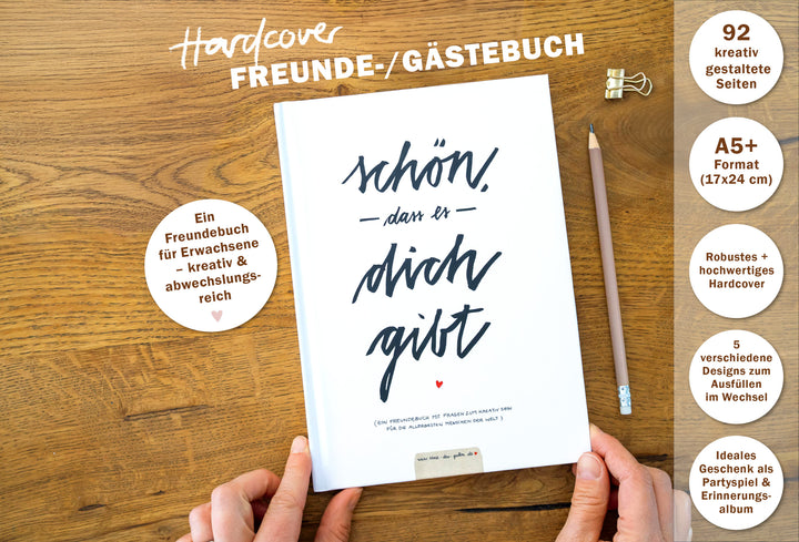 Witziges Gästebuch mit Fragen zum Ausfüllen | Freundebuch für Erwachsene zum Schreiben & Malen | FSC Papier klimaneutral |  Weiß | Hardcover