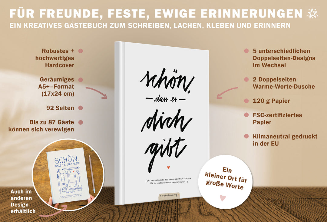 Witziges Gästebuch mit Fragen zum Ausfüllen | Freundebuch für Erwachsene zum Schreiben & Malen | FSC Papier klimaneutral |  Weiß | Hardcover