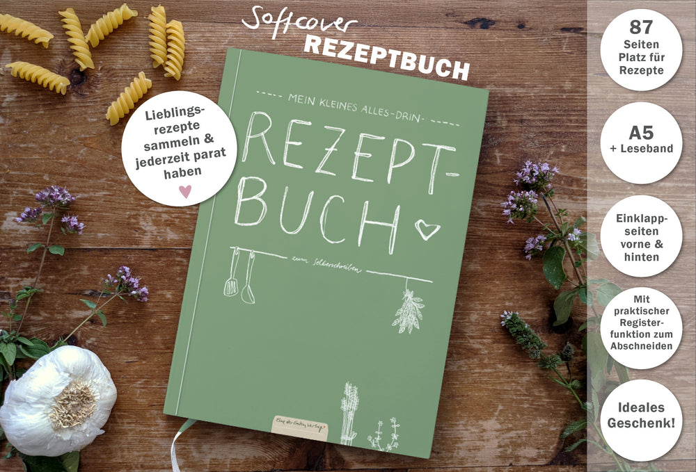 Kleines alles-drin A5 Rezeptbuch zum Selberschreiben | DIY Kochbuch, Backbuch, Geschenkidee | Grün Weiß, FSC-Papier, Softcover
