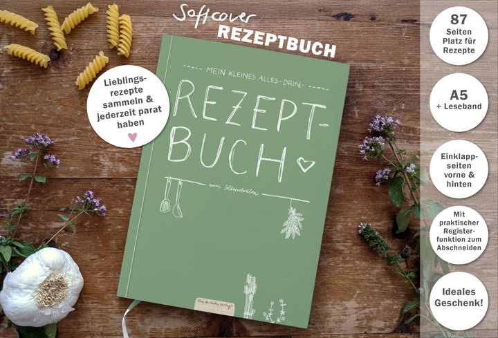 Kleines alles-drin A5 Rezeptbuch zum Selberschreiben | DIY Kochbuch, Backbuch, Geschenkidee | Grün Weiß, FSC-Papier, Softcover