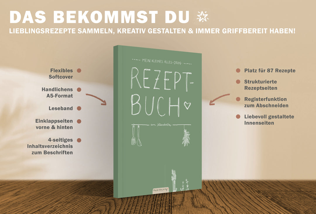 Kleines alles-drin A5 Rezeptbuch zum Selberschreiben | DIY Kochbuch, Backbuch, Geschenkidee | Grün Weiß, FSC-Papier, Softcover