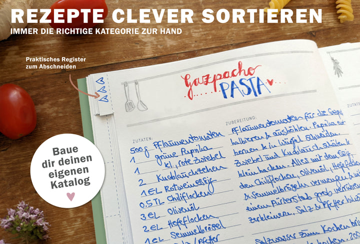 Kleines alles-drin A5 Rezeptbuch zum Selberschreiben | DIY Kochbuch, Backbuch, Geschenkidee | Grün Weiß, FSC-Papier, Softcover
