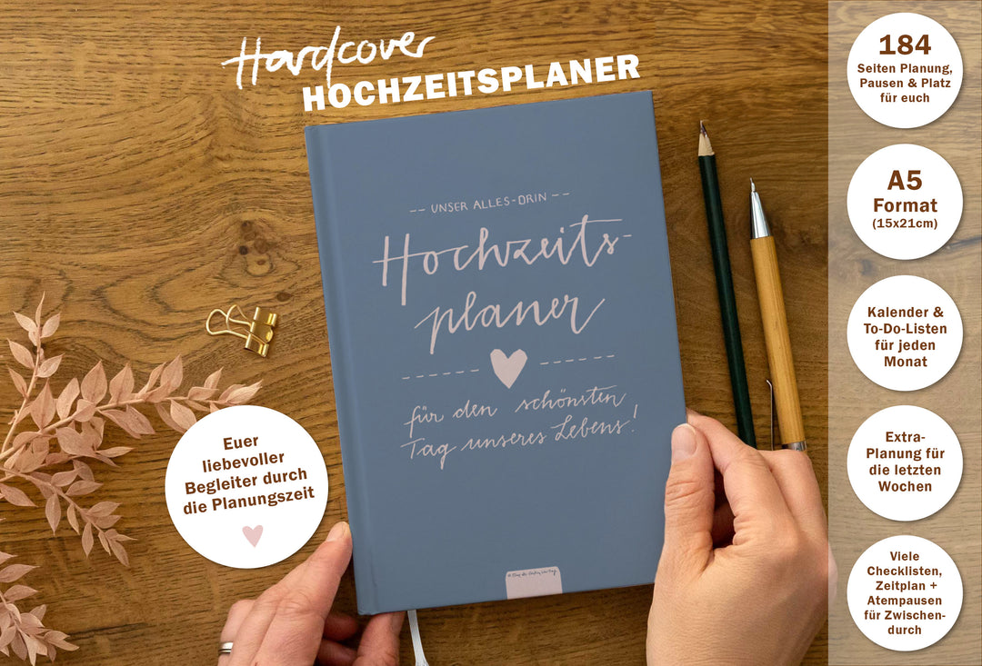 Notizbuch & Hochzeitsplaner für deine Hochzeitsplanung im DIY Bleistift Design, Blau Rosa