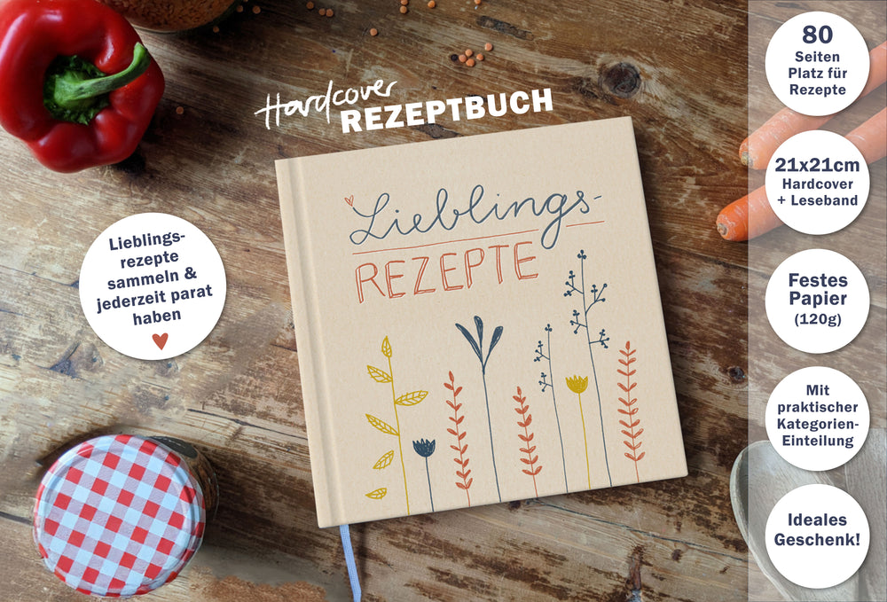 Rezeptbuch zum Selberschreiben | blanko Kochbuch für 80 Lieblingsrezepte | Blumen Design in Creme Beige | Premium Hardcover, 21x21 cm