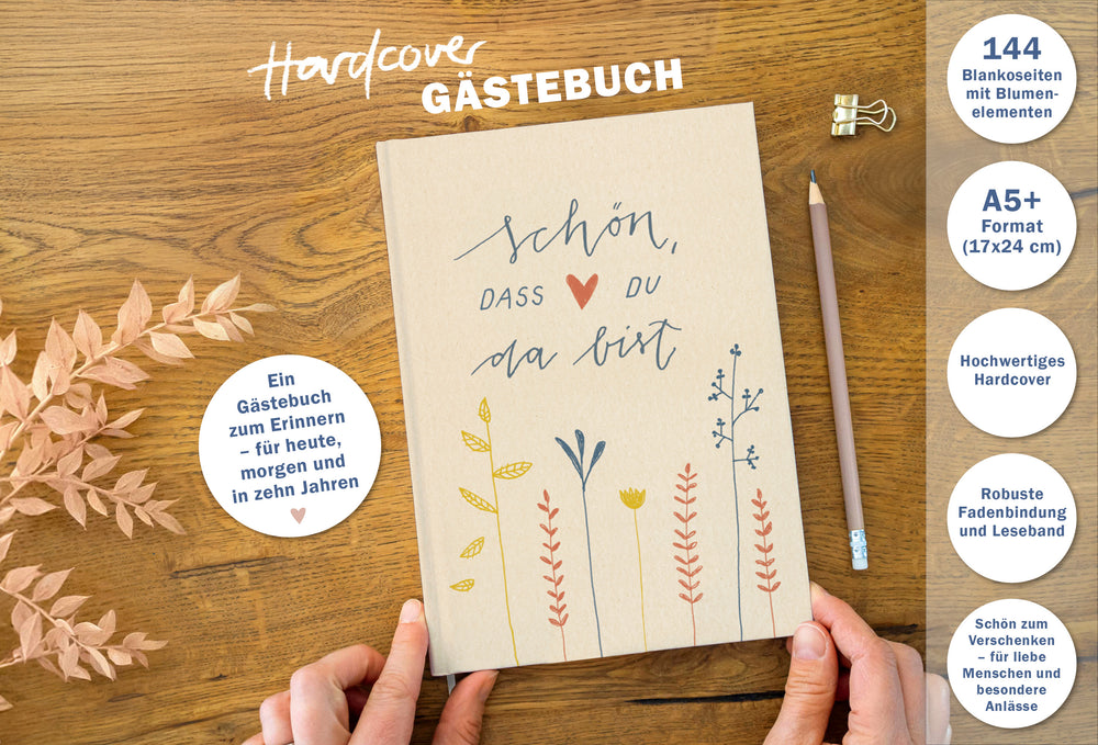 Gästebuch Beige Blau, Hardcover mit blanko Seiten, Handlettering Design Blumen für Hochzeit