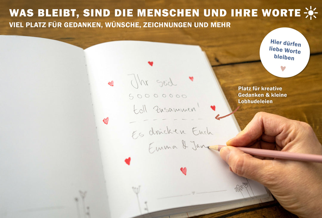 Gästebuch Creme Beige, Hardcover mit blanko Seiten, Handlettering Design Blumen für Hochzeit