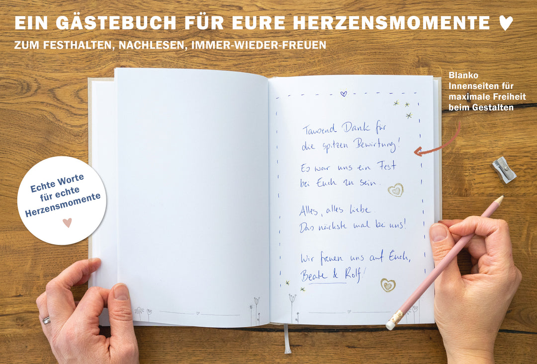 Hochzeitsgästebuch A4, Creme mit bunten Blumen im Handlettering Design, Hardcover Gästebuch
