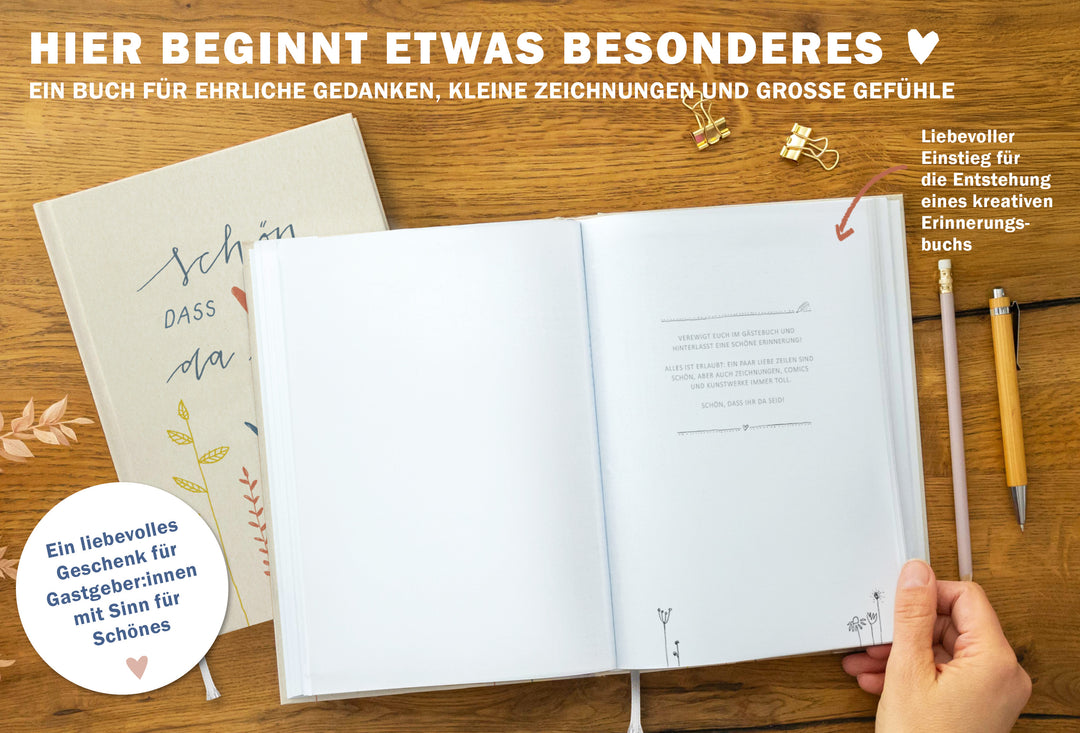 Gästebuch Beige, Hardcover Hochzeitsgästebuch mit blanko Seiten, Handlettering Blumen Design