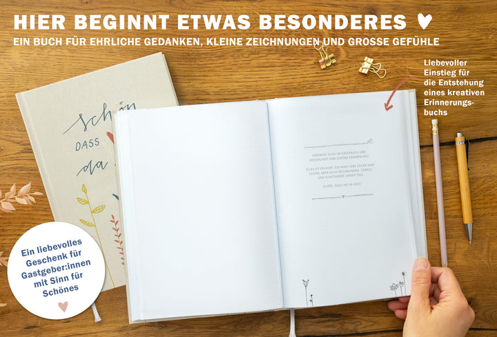 Gästebuch Beige, Hardcover Hochzeitsgästebuch mit blanko Seiten, Handlettering Blumen Design
