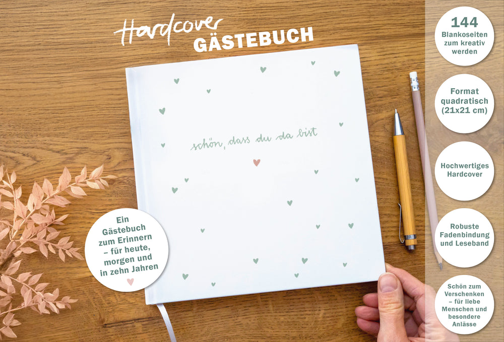 Hochzeitsgästebuch quadratisch, Weiß Mint mit Herzchen & Schriftzug im Handlettering Design, Hardcover Gästebuch