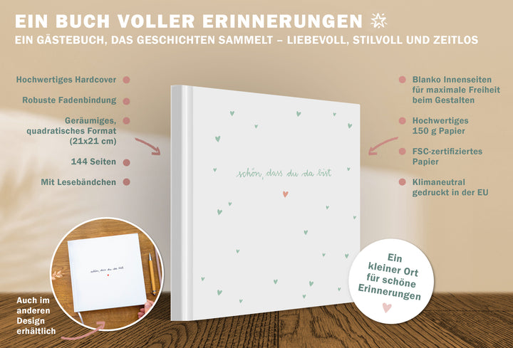 Hochzeitsgästebuch Weiß Hellgrün Rosa im Handlettering Design mit Blumen, schlicht und zeitlos