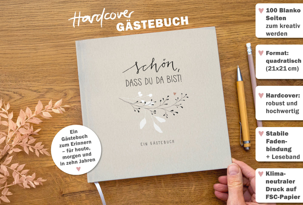 Hochzeitsgästebuch Creme - Schön dass du da bist | Gästebuch für Hochzeit, Geburtstag, Taufe | klimaneutrales FSC-Papier | 21x21 cm, Hardcover