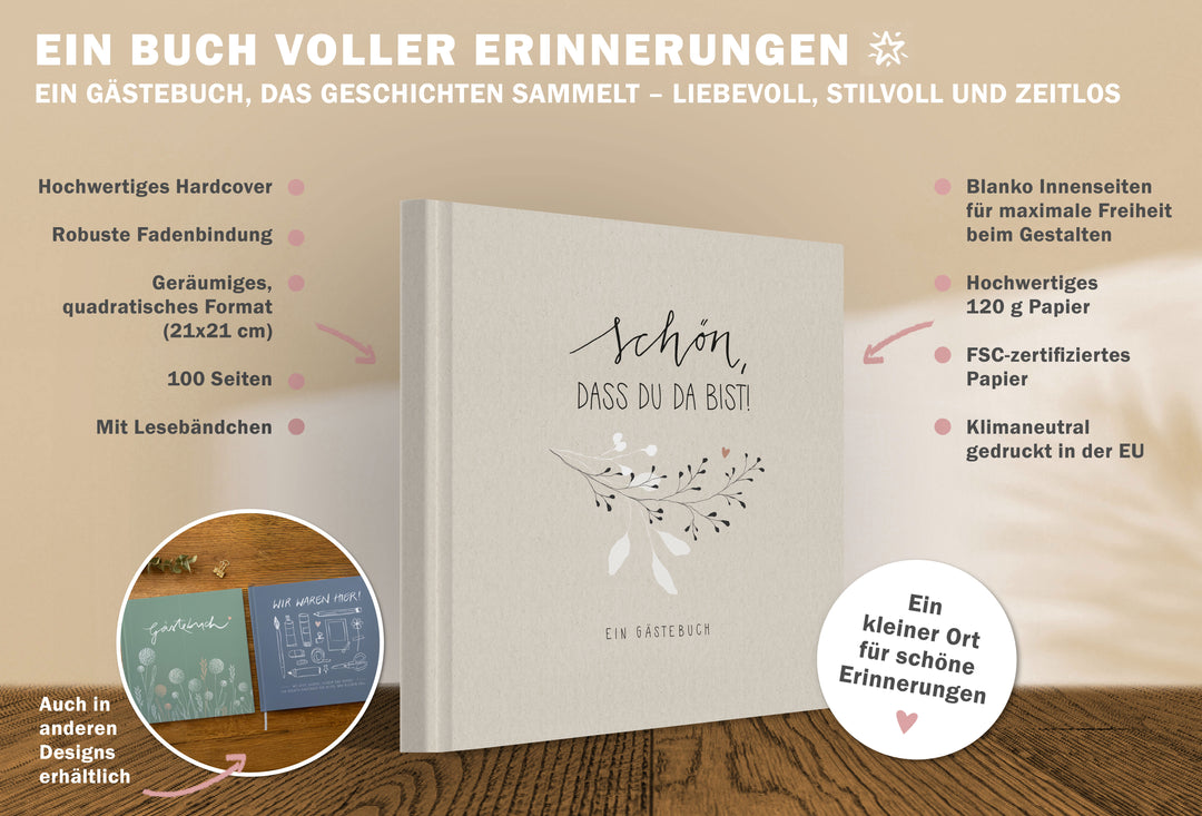 Hochzeitsgästebuch Creme - Schön dass du da bist | Gästebuch für Hochzeit, Geburtstag, Taufe | klimaneutrales FSC-Papier | 21x21 cm, Hardcover