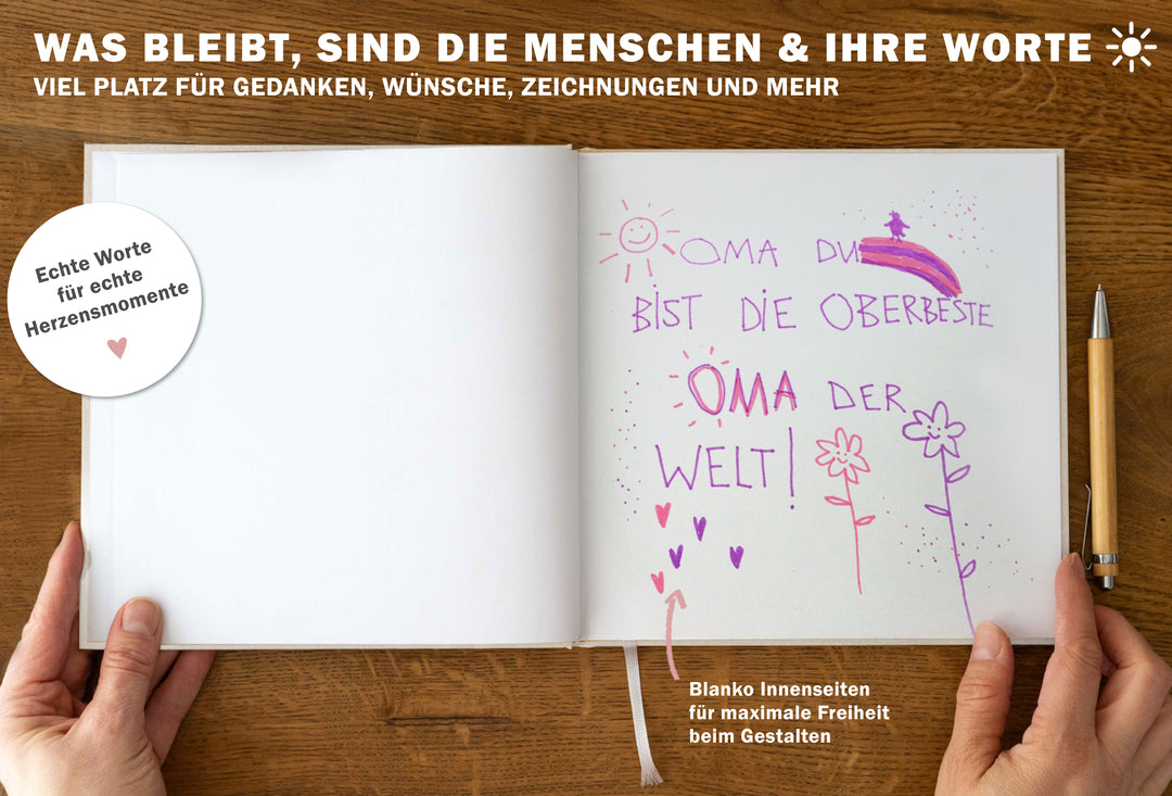 Hochzeitsgästebuch Creme - Schön dass du da bist | Gästebuch für Hochzeit, Geburtstag, Taufe | klimaneutrales FSC-Papier | 21x21 cm, Hardcover