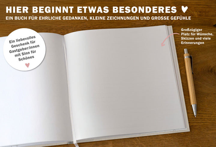 Hochzeitsgästebuch Creme - Schön dass du da bist | Gästebuch für Hochzeit, Geburtstag, Taufe | klimaneutrales FSC-Papier | 21x21 cm, Hardcover