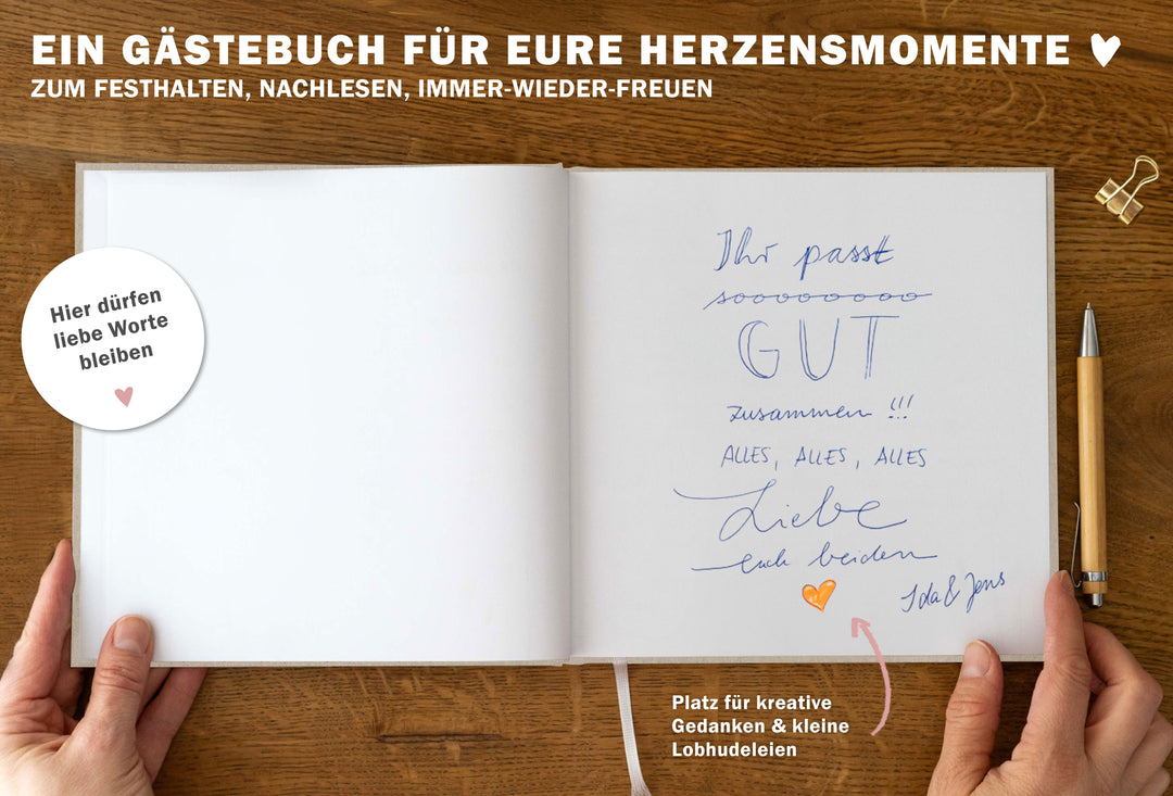 Hochzeitsgästebuch Creme - Schön dass du da bist | Gästebuch für Hochzeit, Geburtstag, Taufe | klimaneutrales FSC-Papier | 21x21 cm, Hardcover