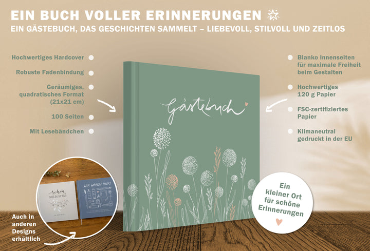 Hochzeitsgästebuch Grün im Handlettering Design mit Blumen, schlicht und zeitlos