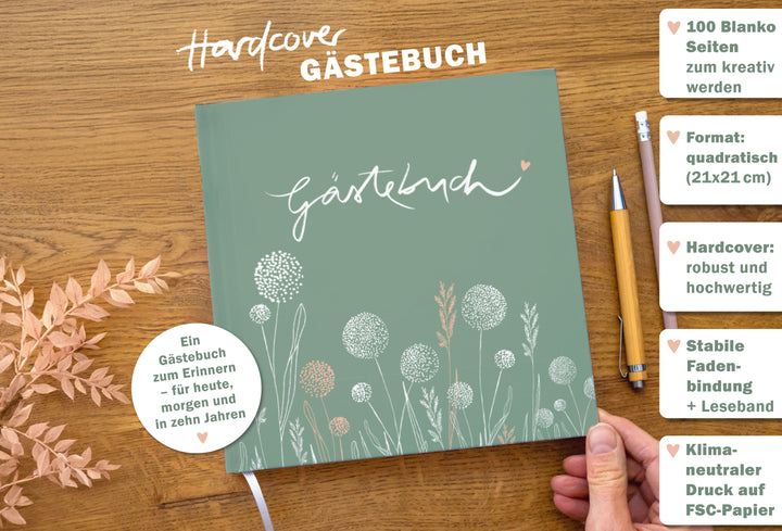 Hochzeitsgästebuch quadratisch, Salbei-Grün mit Schriftzug im Handlettering Design, Hardcover Gästebuch